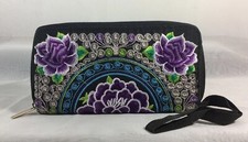 Women  s Clutch Wallet Floral Embroidery Zip Around 7 X 4  Black Floral