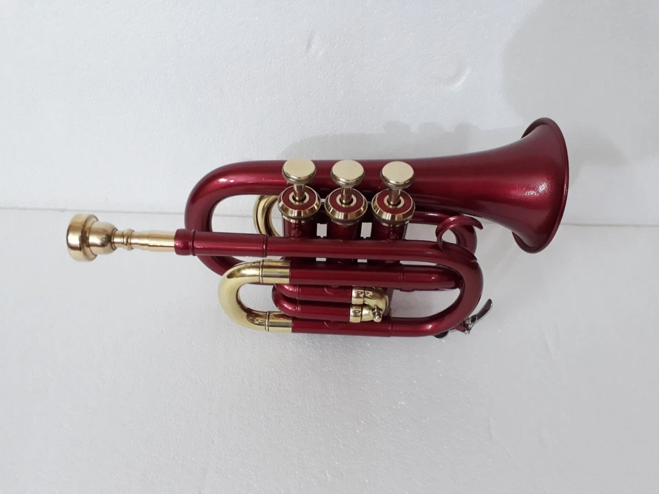 MINI TROMPETA DE BOLSILLO ROJA HECHA DE LATÓN PURO ESTUCHE PULIDO Y BOQUILLA Foto 4 de 4