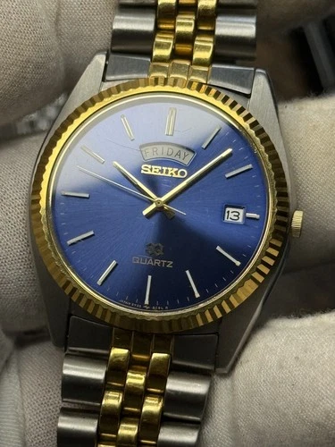 Vintage Seiko Day Date Watch President 5Y23-8A69 Two Tone Blue Dial 1991 Fluted