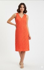 Talbots Red Floral Medallion Eyelet Shift Dress Size 4 Midi V-Neck Cotton