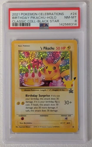 2021 POKEMON CELEBRATIONS CLASSIC COLL #24 BIRTHDAY PIKACHU-HOLO PSA 8