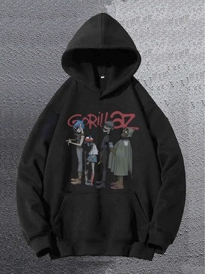 Men'S Gorillaz Graphic Hoodie - Black with Colorful Cartoon Print, Loose Fit Kan