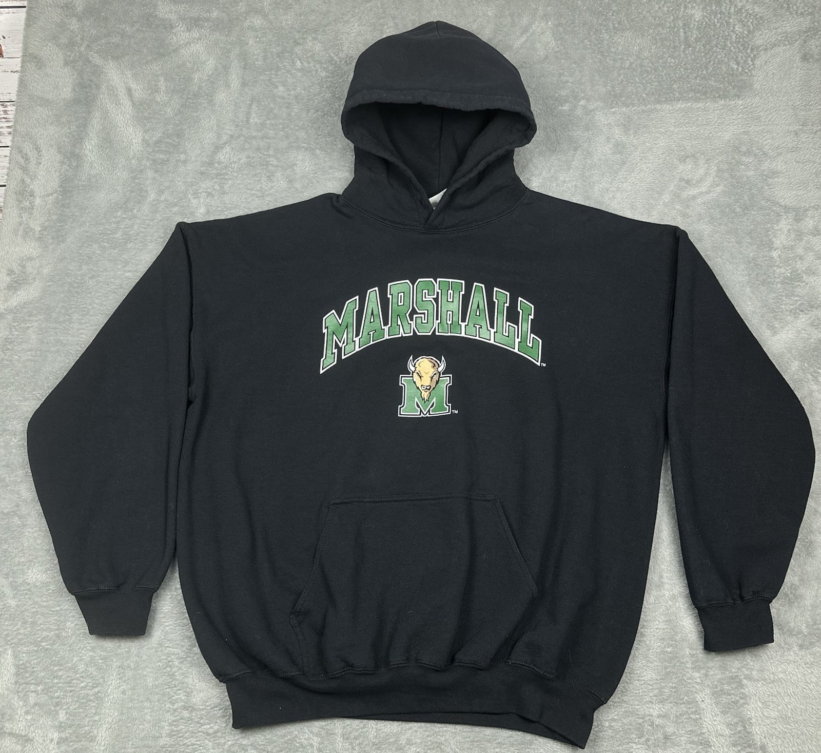 VTG Gildan Marshall Thundering Herd Hoodie Mens XXL Black Fleece Sweatshirt NCAA