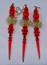3 Red Acrylic 6 1/2" Icicle w/Gold Accents Christmas Ornaments