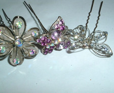 3 VICTORIAN RHINESTONE FLORAL AND BUTTERFLY SILVER HAIR PINS