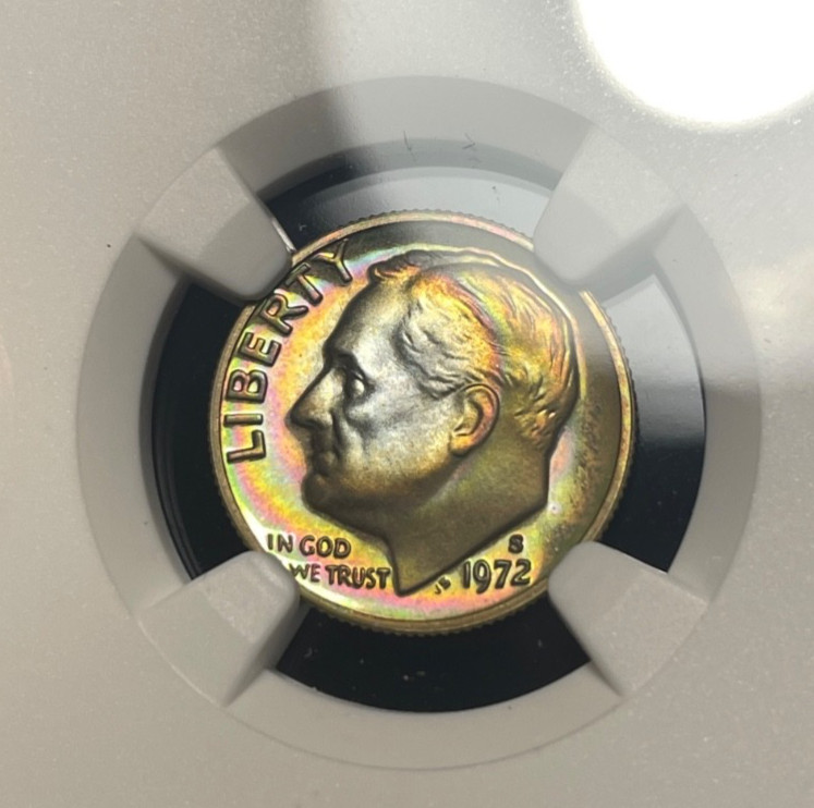 (#101718) Roosevelt Dime:  1972 S  NGC PF 67 Cam  Rainbow toning!  (see video!)