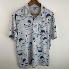IZOD Saltwater Polo Shirt Mens XL White  Blue Fish Print Short Sleeve Polyester