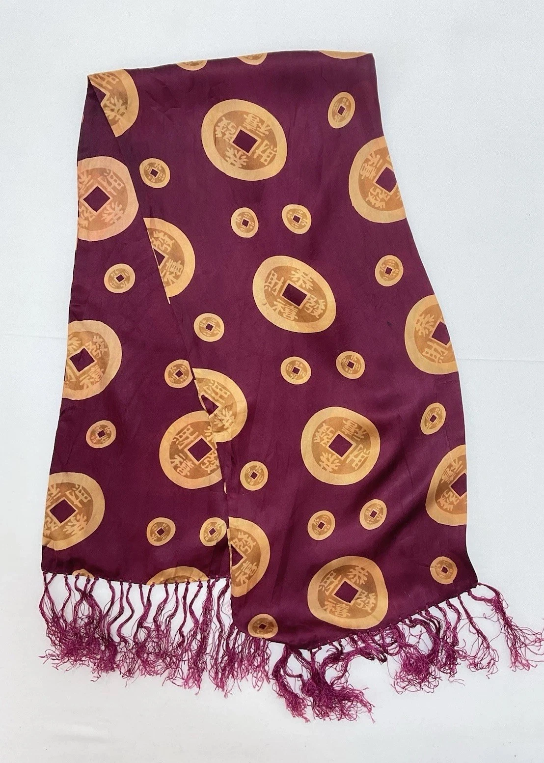 ELEGANT Men’s Silk Burgundy Red Scarf Geometric Golden Motifs 55"/10" G.COND