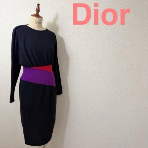Christian Dior Monsieur, CHRISTIAN DIOR Vintage Colorblock Knit Dress Black Red Purple Ribbed Waist M
