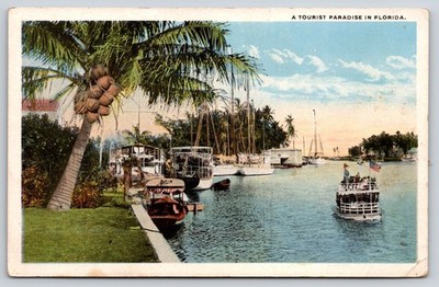 Florida~Tourist Paradise General View~Boats~Flag~Palms~Sunset~1920s Postcard