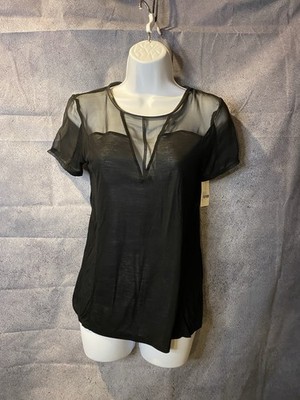 HEATHER by Bordeaux Black Silk Panel Top Leather Trim Modal Jersey Tee Size P