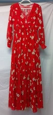 Indigo Rose Red Floral Long Dress Pleated Skirt Long Sleeve Sheer Size M