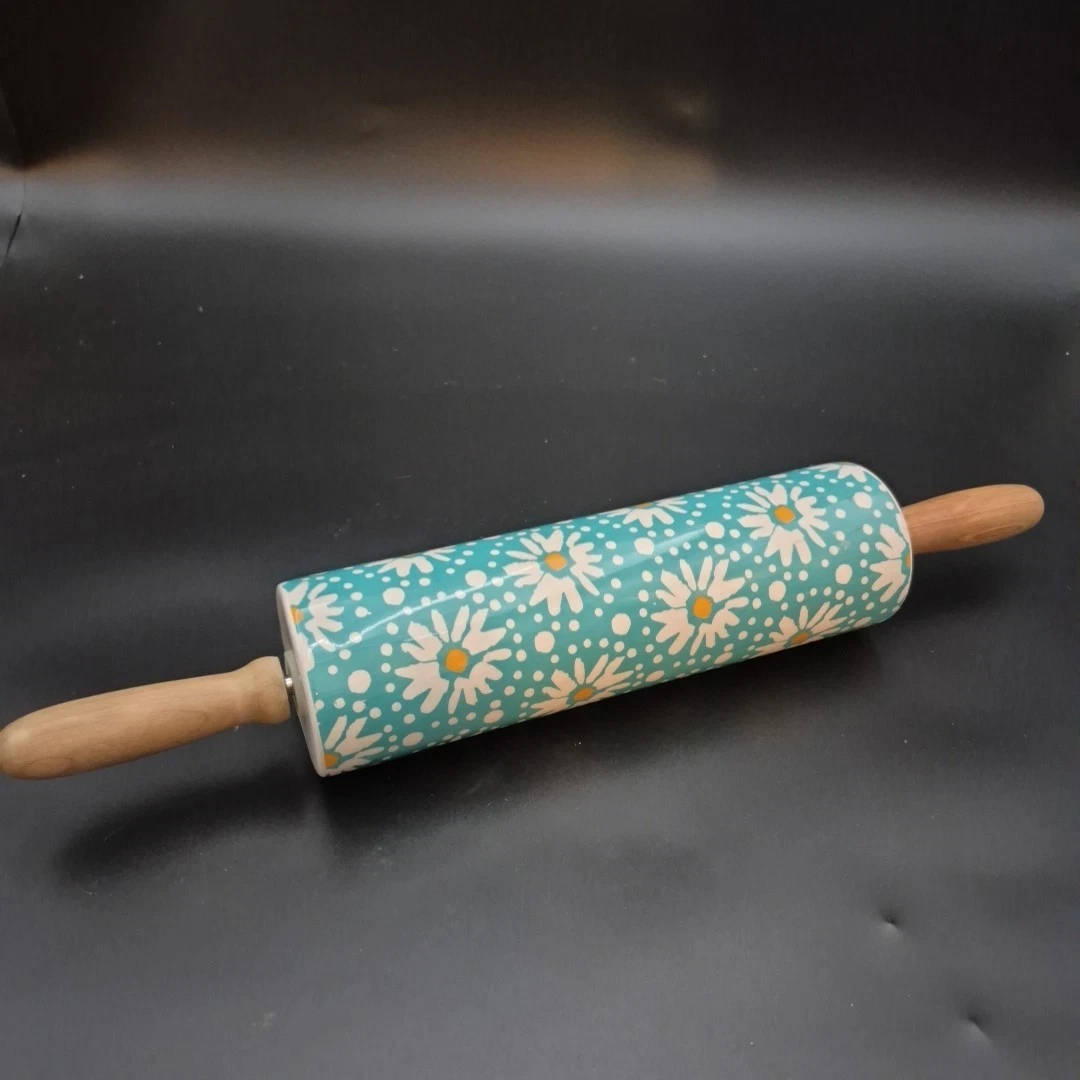 Pioneer Woman Flea Market Floral Stoneware Rolling Pin Acacia Wood Handles Daisy