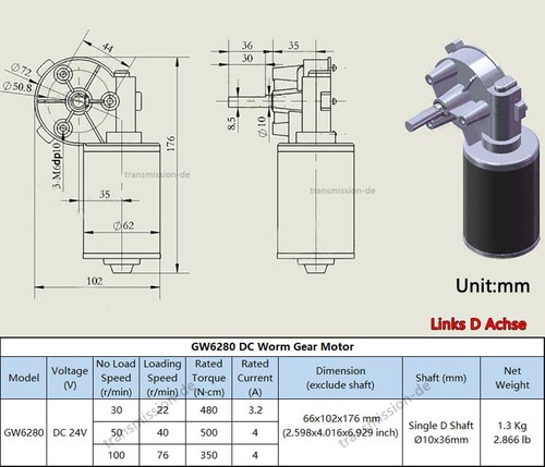 DC 24V Schnecken Getriebemotor 30-100RPM Winkelgetriebe Worm Gear Motor GW6280 - Picture 13 of 14