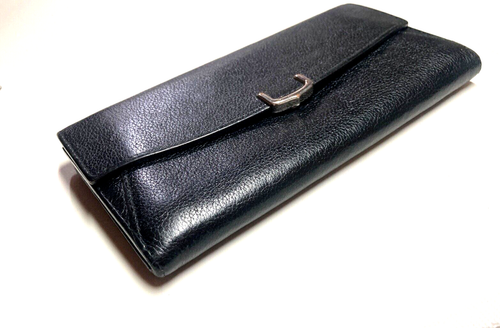 CARTIER VINTAGE C de Cartier METAL C BUCKLE LEATHER LONG WALLET PURSE COIN BLACK - Picture 8 of 21