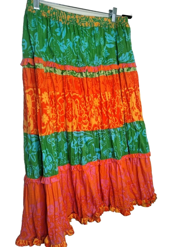 Sigrid Olsen Bright Hawaiian Boho Layered Skirt W/ Ruffles Reto Orange & Pink Lg - Image 3 of 4