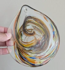 Handblown Art Glass Flat Teardrop Ornament Rainbow Swirl Sun Catcher Spiral 5.5"