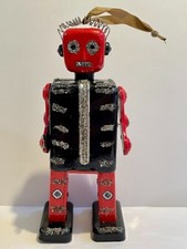Vntg Robot Christmas Ornament Tin Glitter Red Black Silver Holding Wrench Stands