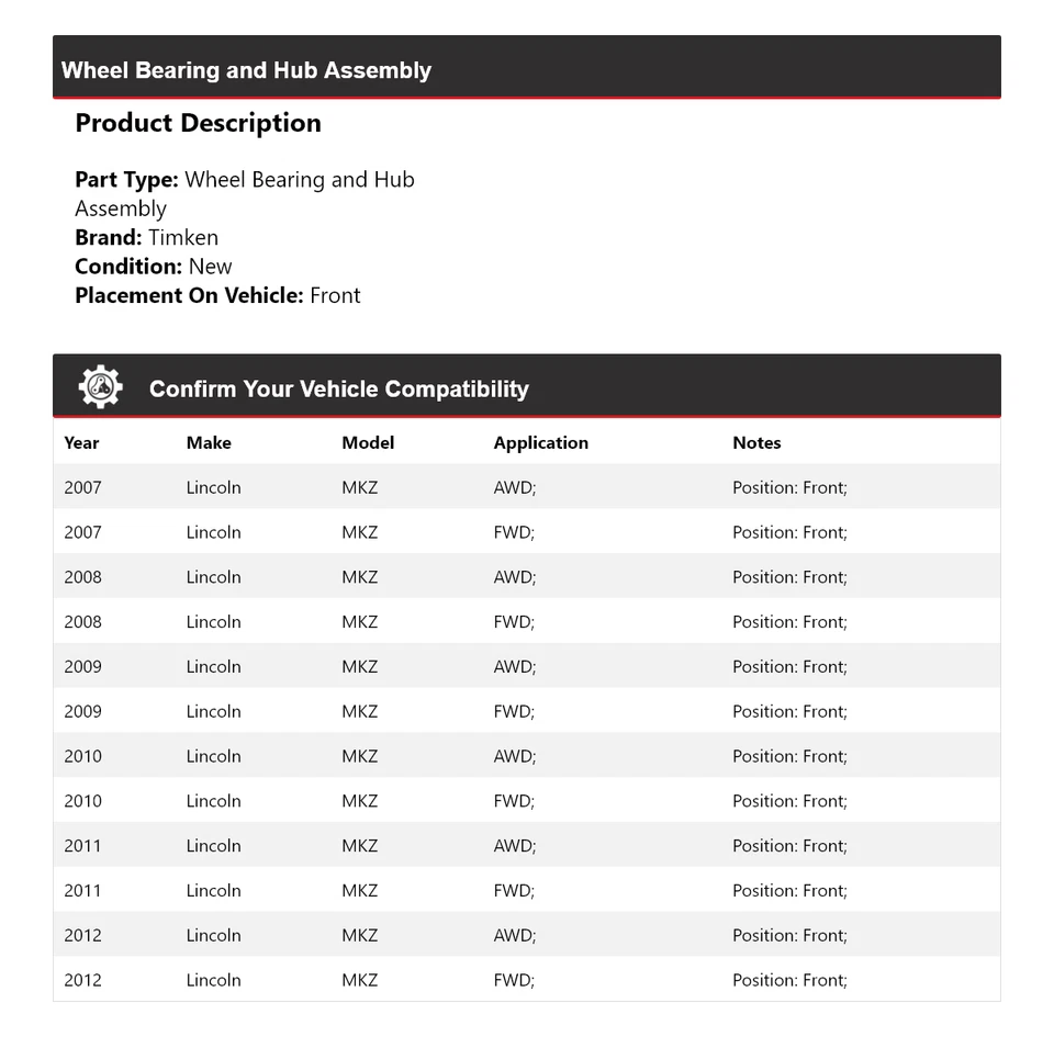 Conjunto de cojinete de rueda y buje delantero Timken 2008 2009 para Lincoln MKZ 2007-2012 Foto 2 de 4