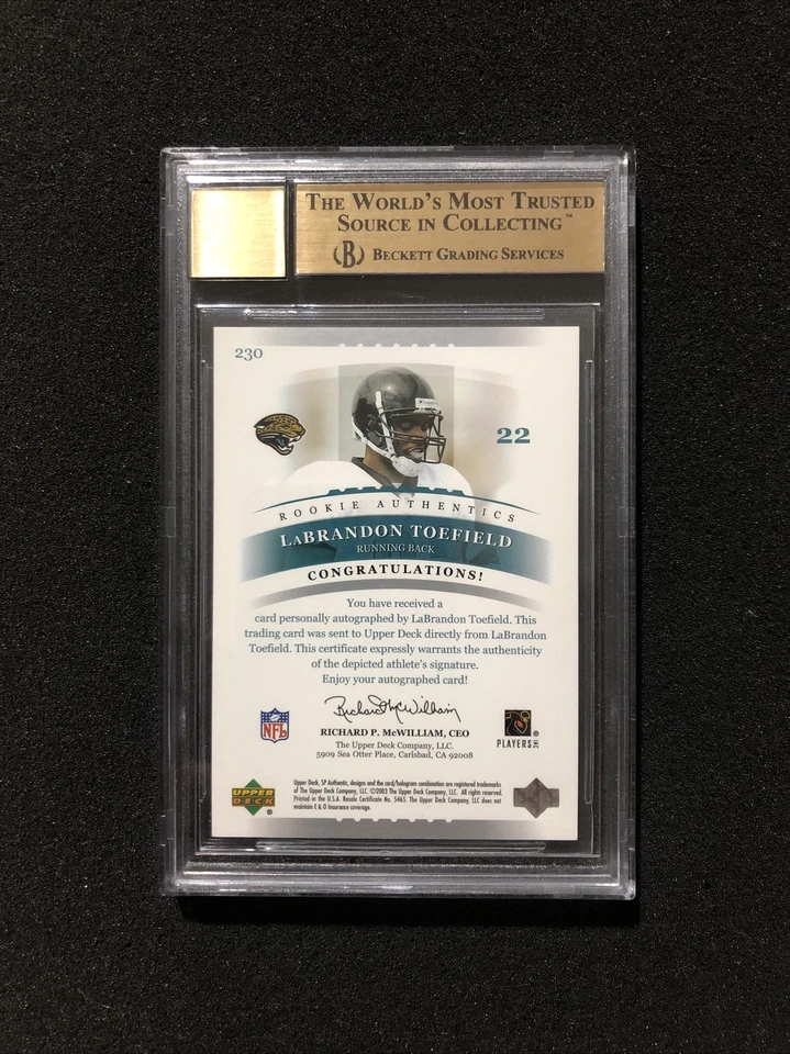 2003 Upper Deck SP Authentic LABRANDON TOEFIELD #230 9.5 💎 RC AUTO 0107/1200 - Image 2 of 2