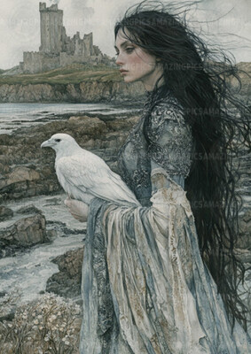Branwen Kunstdruck keltische Göttin Rabe Frau Schloss am Meer mythologisch X61
