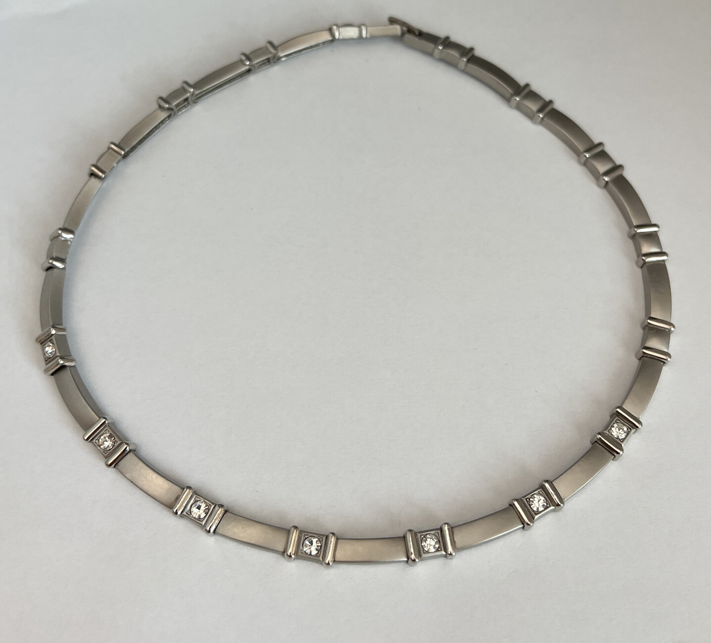 NECKLACE Silver Tone Solid Rectangular Links Rhin… - image 1