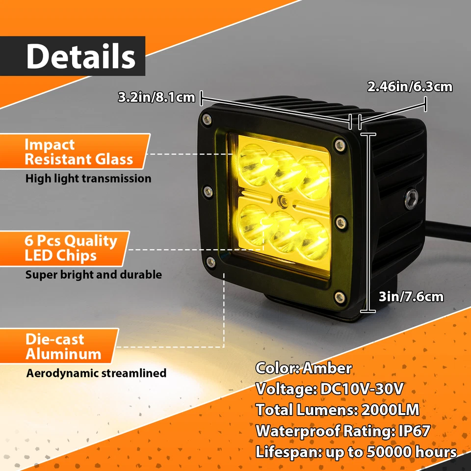 For Honda HR-V CR-V Civic Bull Bar License Plate Bracket+ 3" Amber LED Light Kit - Image 4 of 4