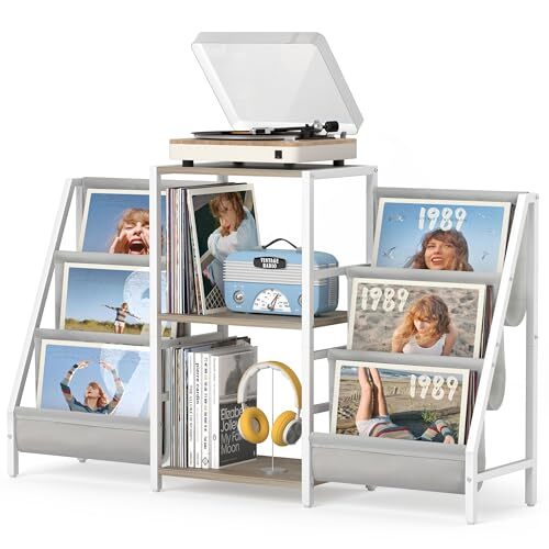 Vintage Record Player Stand with 2 Side Shelves - Holds 280 Vinyl Albums  -image