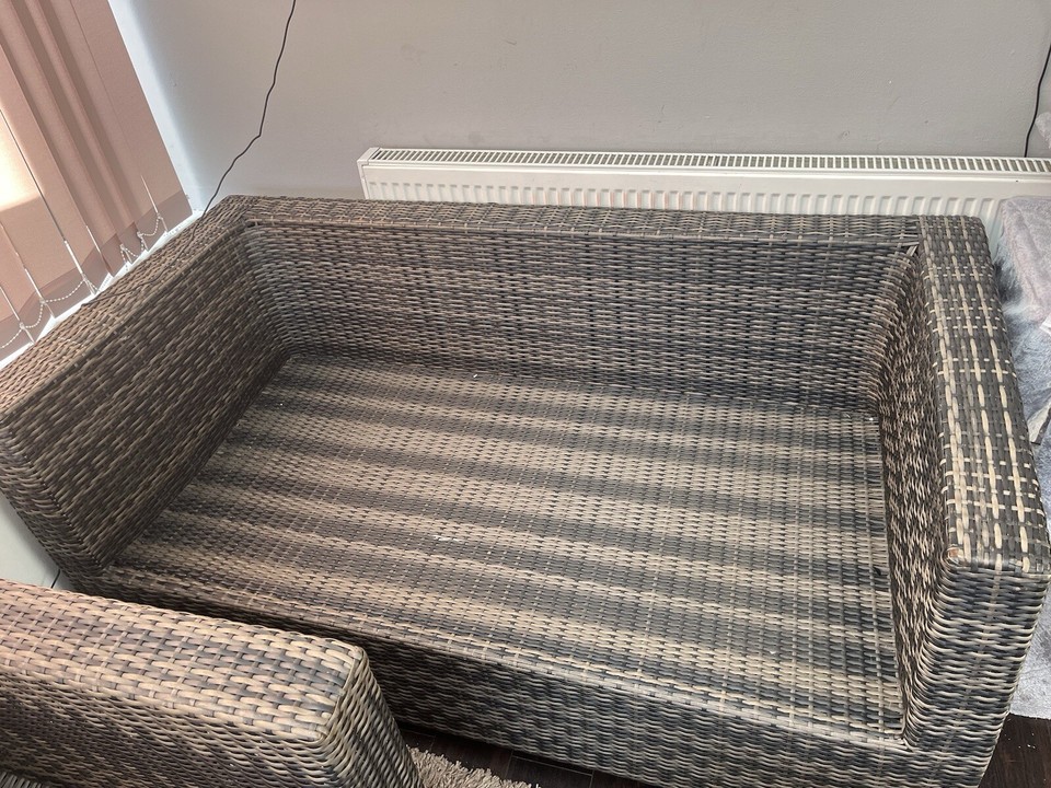 Rattan Sofa & Chair & Glass Coffee Table Patio Set /Cushions( Read