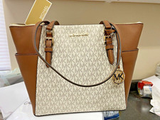 MICHAEL KORS CHARLOTTE LARGE TOP ZIP SHOULDER BAG TOTE Vanilla MK Signature