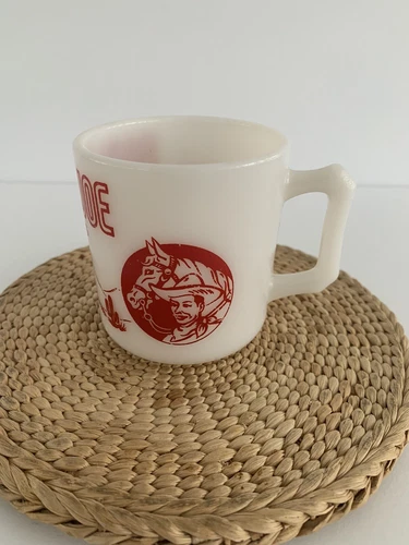 Hazel Atlas Ranger Joe Kids Milk Glass Mug Coffee Cup 1950s  Red 3 inch Vintage