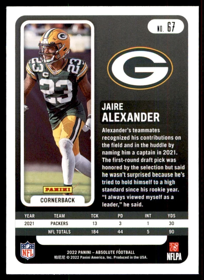 2022 PANINI ABSOLUTE. JAIRE ALEXANDER GREEN BAY PACKERS #67 - Image 2 of 2