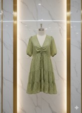 Green Puff Short Sleeve Tiered Floral Dress V-Neck Ruffle Drawstring