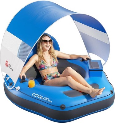 Inflatable Floating Tube Chair For River With Canopy And Cup Holders Heavy Duty