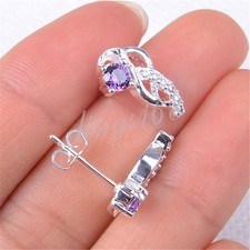 Ladies Solid 925 Sterling Silver Purple Crystal Folded-Heart Stud Earrings P1127