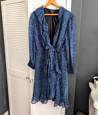Loverobe Blue & Black Floral Wrap Midi Dress V-Neck Long Sleeve Chiffon S