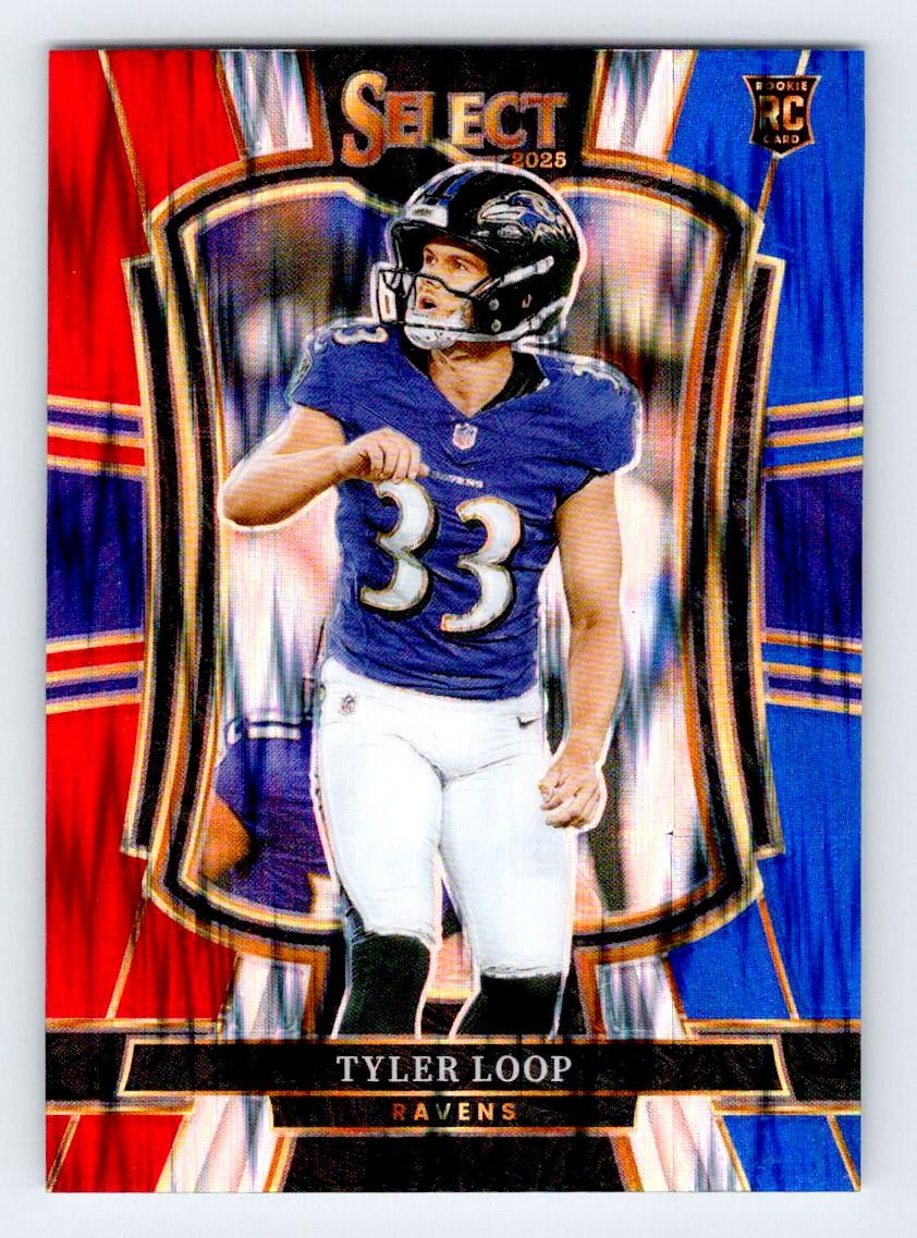 Tyler Loop Rookie 2025 Panini Select Red and Blue Prizm Shock Baltimore Ravens