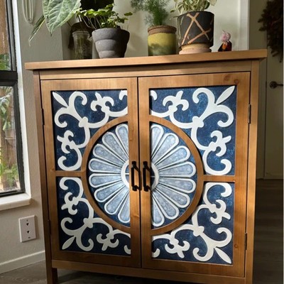 Chinoiserie Porcelain Pattern Accent Cabinet, Modern Wood Storage Sideboard 