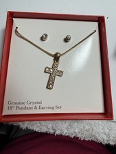 18 Inch CROSS PENDANT NECKLACE AND EARRING SET GENUINE CRYSTAL