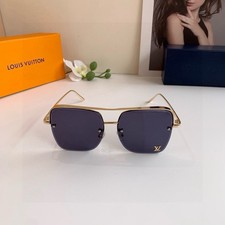 Louis Vuitton Rimless Square Sunglasses Gold Frame Blue Grey Lens LV Logo Women'