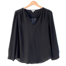 Blusa Joie para mujer 100 % seda negra transparente cuello en V talla 2 manga larga con botones puños