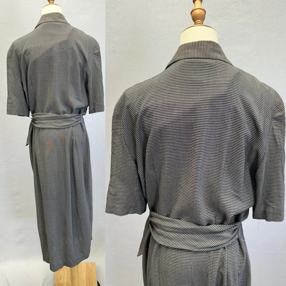 Vestido midi vintage años 90 a rayas envolvente Aline manga corta estilo botón talla 12 Foto 3 de 4