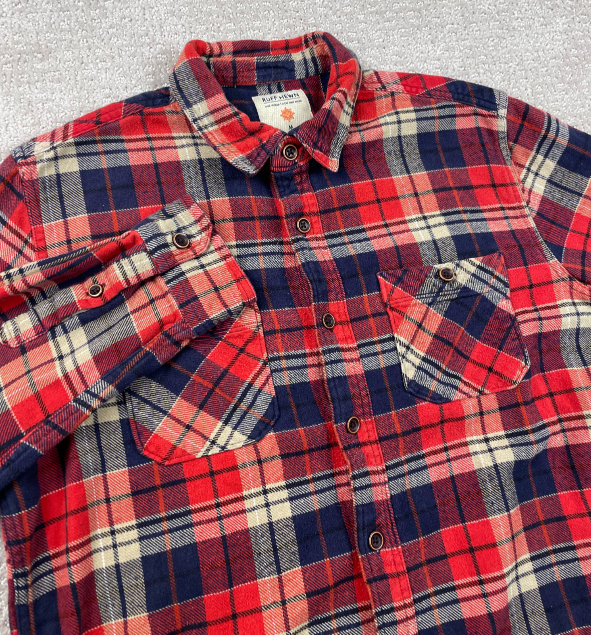 Ruff Hewn Shirt Mens Large Red Plaid Button Up Flannel Long Sleeve Grunge Cabin