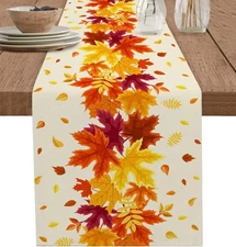 Linen Maple Leaf Table Runner - 13x72" Fall & Thanksgiving Decor, Washable [33x1
