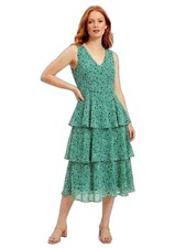 Nine West Woman Midi Dress Sz 14 Green Tiered Ruffle Lined Back Zip Sleeveless