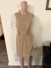 Womens Milly Tan Gold Chain Waist Sleeveless Shift Dress Size P