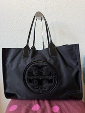 Tory Burch Ella Black Nylon Patent Logo Large Tote Shoulder Bag