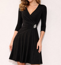 Tadashi Shoji V-Neck 3/4 Sleeve Beaded Waist Cocktail Dress Women's Small Black