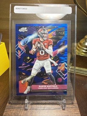 2025 Topps Chrome Cosmic Baker Mayfield #92 Blue Moon Refractor /99 SSP GM MT