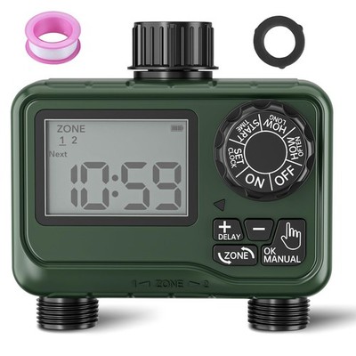2 Zone Programmable Sprinkler Timer - Waterproof Automatic Irrigation System for